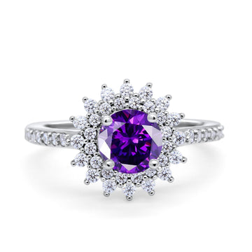 Halo Starburst Flower Wedding Ring Simulated Amethyst CZ 925 Sterling Silver